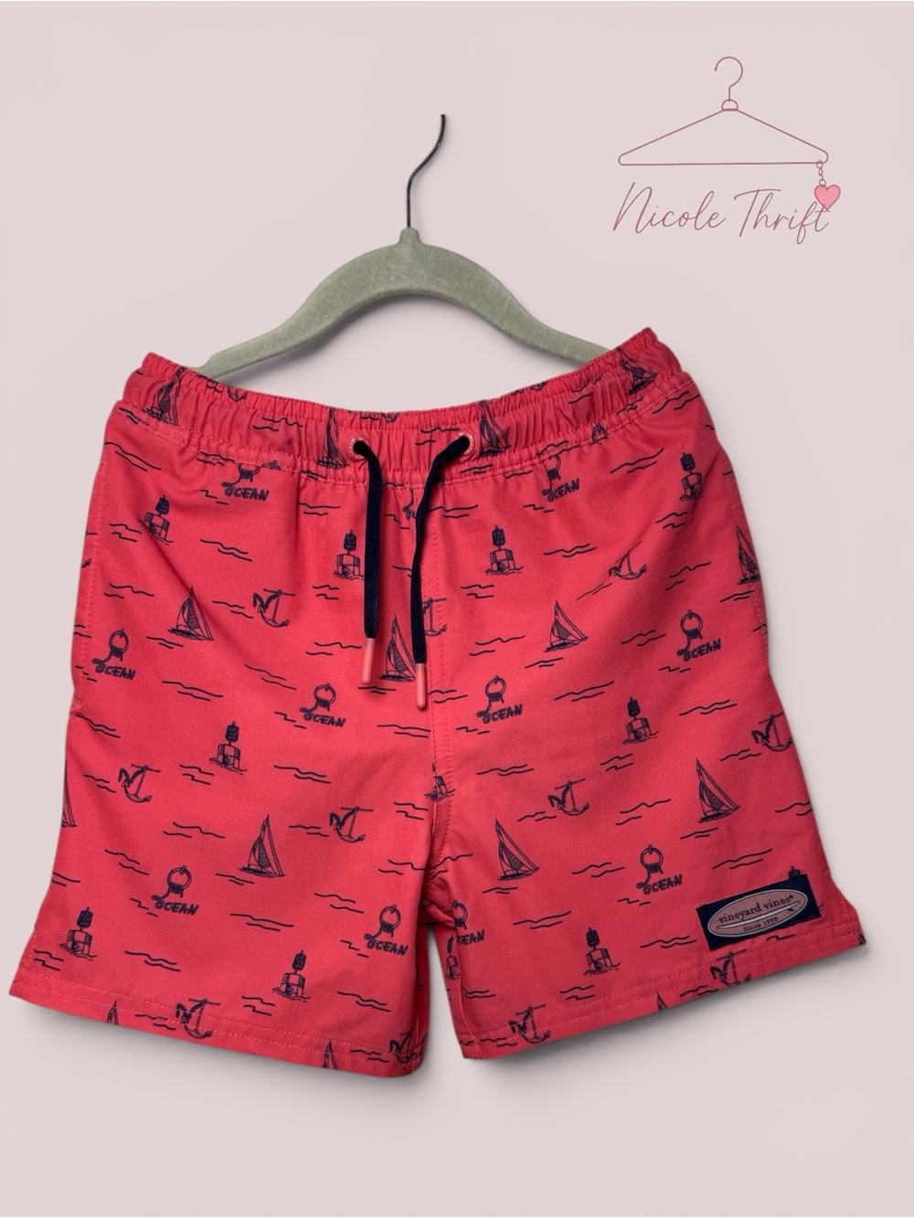 Vineyard Vines Boys Size 7 Coral Nautical Swim Trunks Mesh Lined